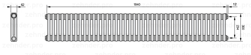 Схема (чертеж) Радиатор Zehnder Charleston 2030/40 №7610 Белый глянцевый RAL 9016